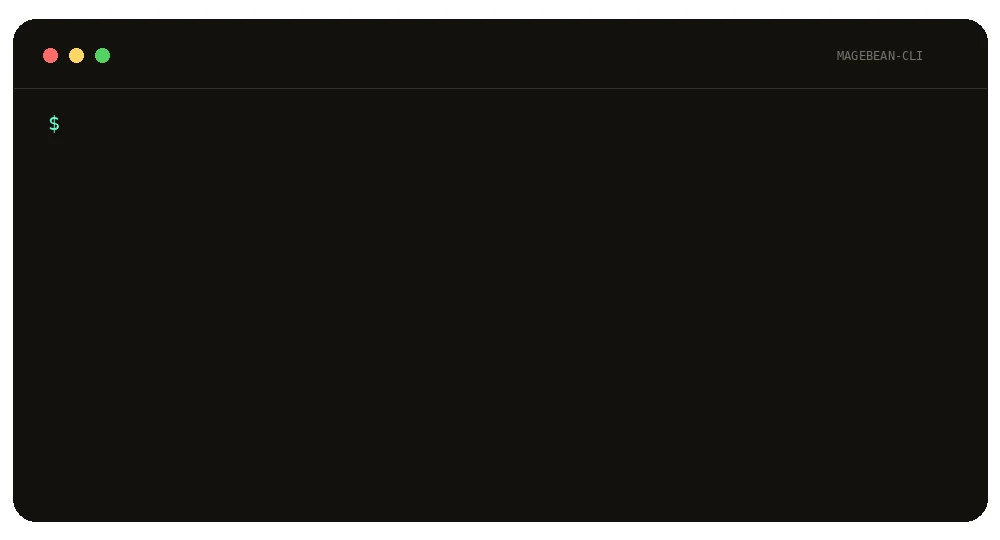 Animated Magebean CLI demo showing a Magento security audit and its findings.